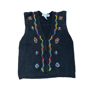Vintage Beaded Knit Sweater Vest M.J. Carroll in Black Medium Artsy Grandmacore